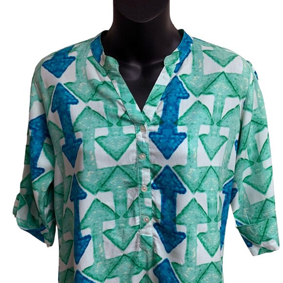 UTSA Blue Green Double Arrow Print Hi Low Viscose Pullover Tunic - Picture 5 of 10